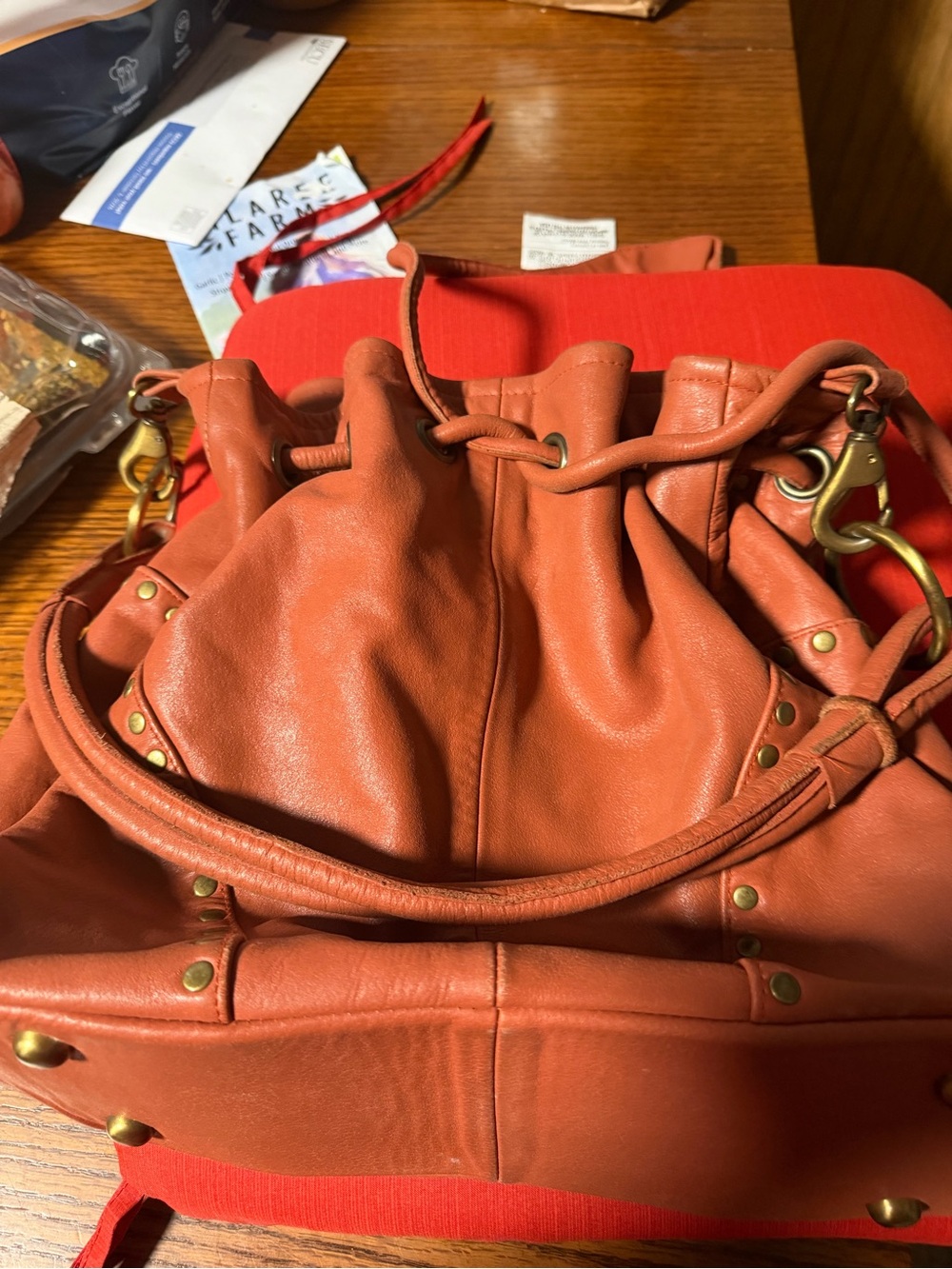 Women's Drawstring Shoulder Bag in Rust Orange